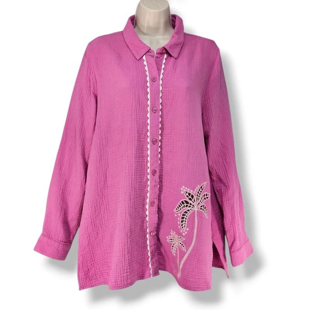 Susan Graver Soleil Petite Pink Cotton Gauze Embroidered Coverup Sz M Coastal